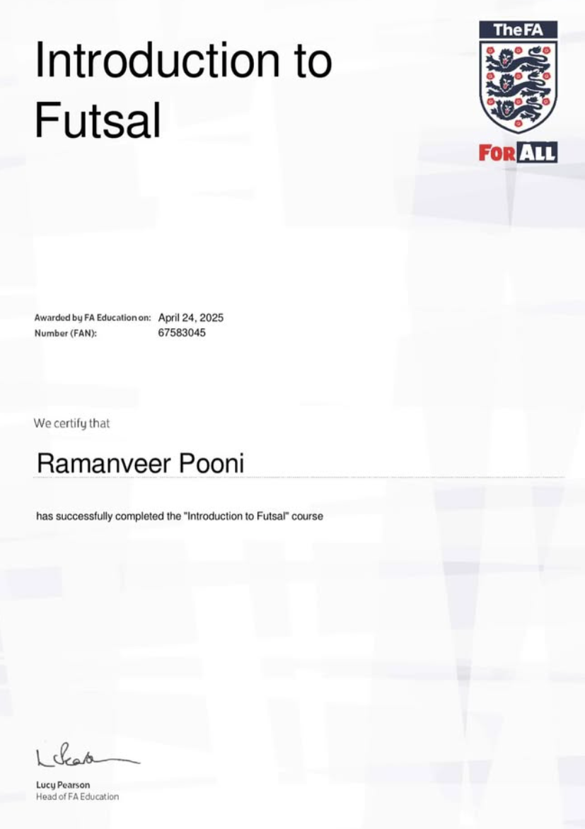 Introduction to Futsal Certificate